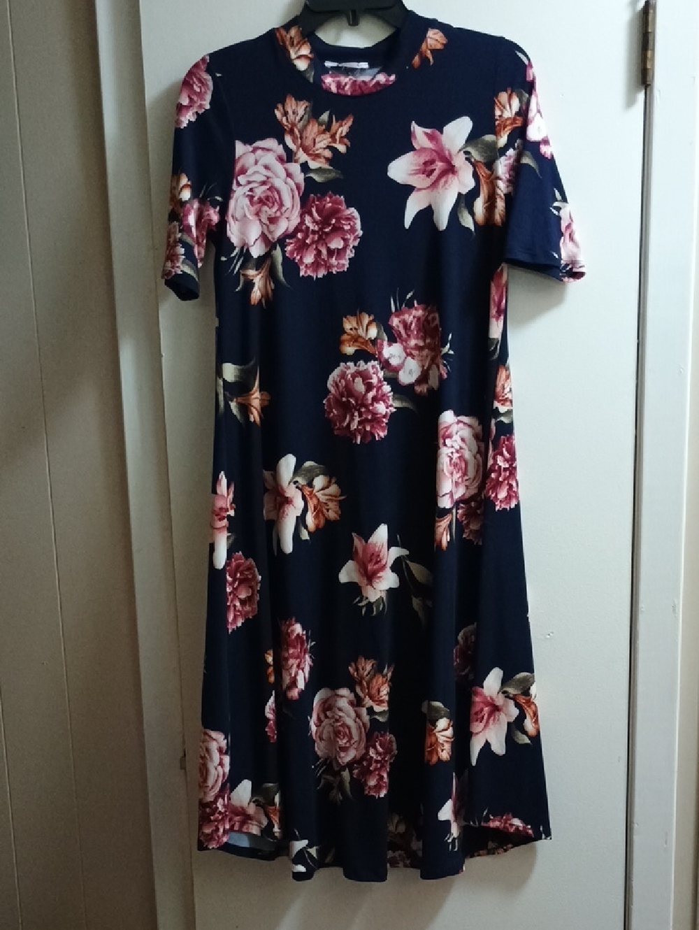 Navy Floral Swing Dress with Pink Bloom Print